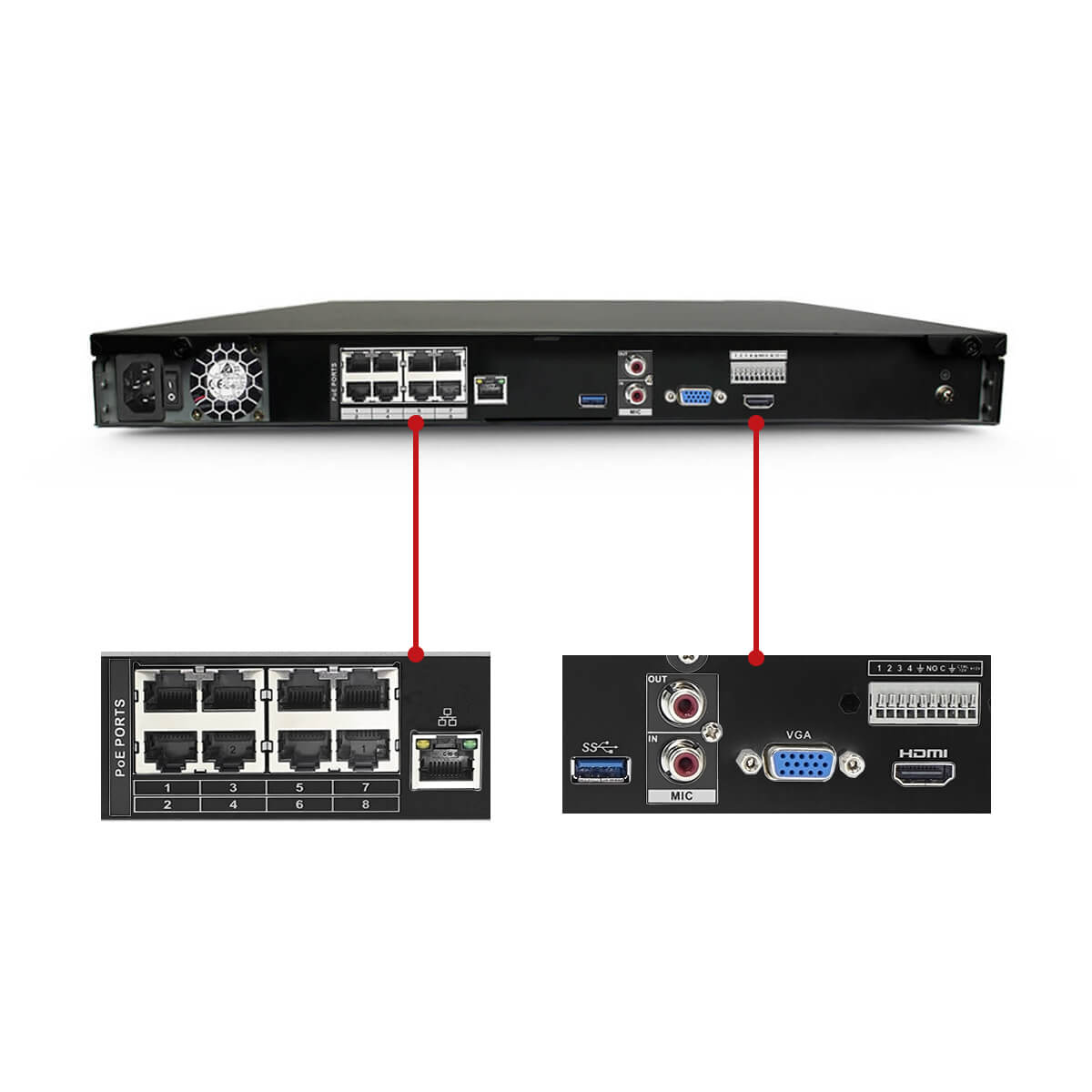 Black 80Mbps Throughput IC Realtime NVR-208NS 8 Channel 1U NVR Supports 8MP Resolution H.264 Integrated 8 Port POE Switch HDMI Up to 6TB 